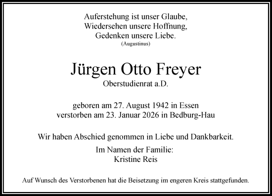 Traueranzeige von Jürgen Otto Freyer von Rheinische Post