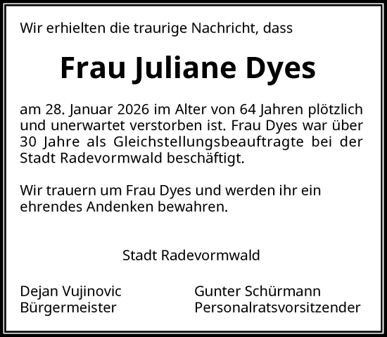 Traueranzeige von Juliane Dyes von Rheinische Post