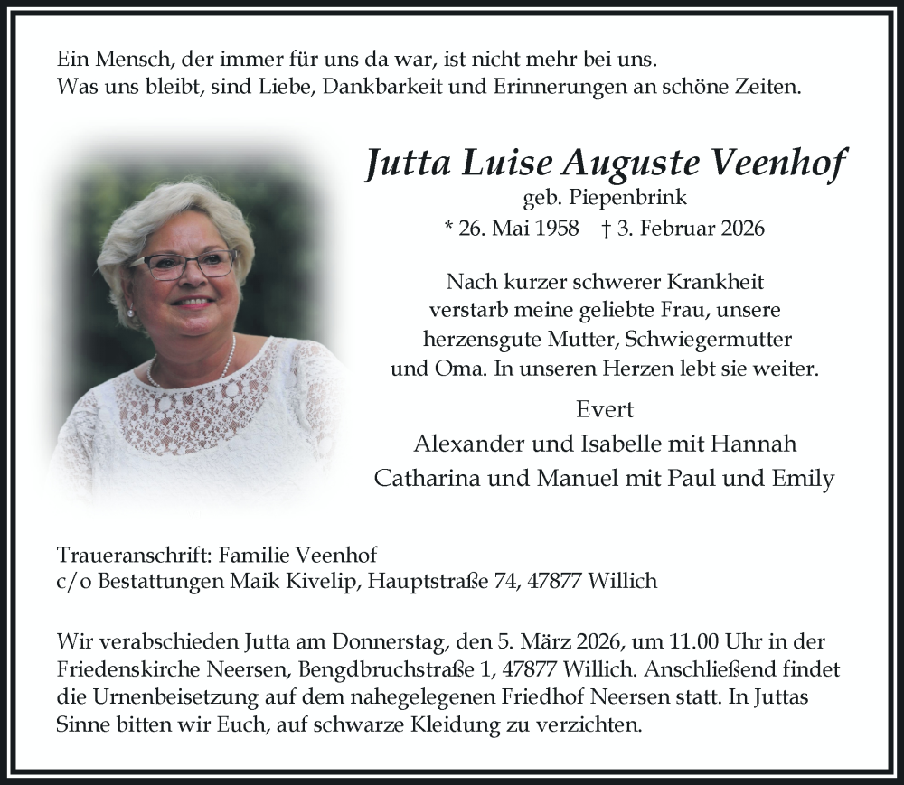  Traueranzeige für Jutta Luise Auguste Veenhof vom 14.02.2026 aus Rheinische Post