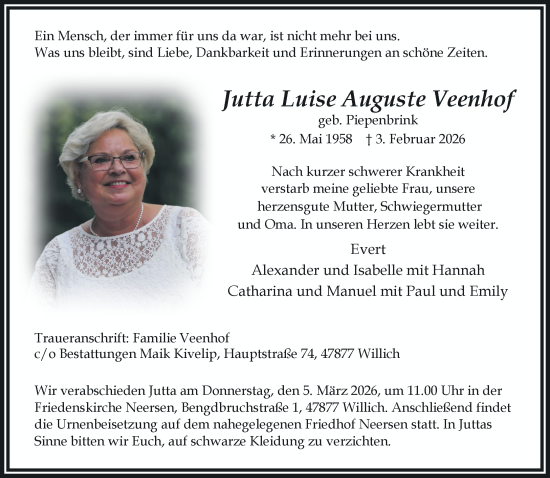 Traueranzeige von Jutta Luise Auguste Veenhof von Rheinische Post