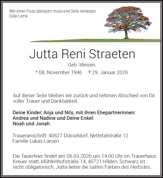 Traueranzeige von Jutta Reni Straeten von Rheinische Post