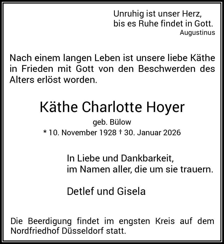  Traueranzeige für Käthe Charlotte Hoyer vom 07.02.2026 aus Rheinische Post