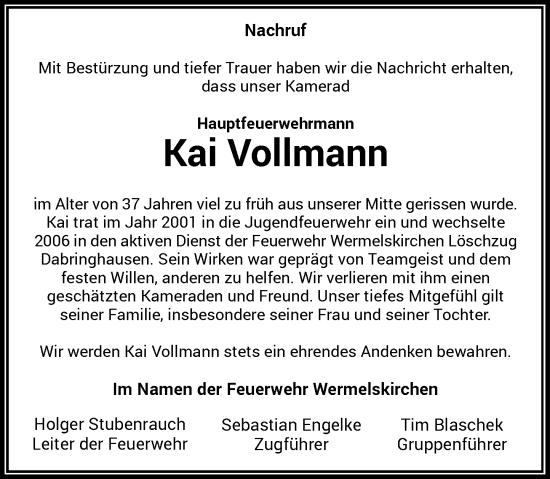 Traueranzeige von Kai Vollmann von Rheinische Post