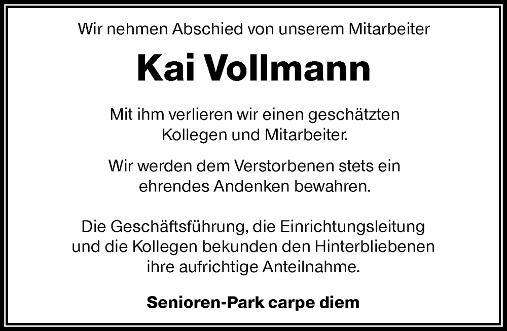  Traueranzeige für Kai Vollmann vom 04.02.2026 aus Rheinische Post