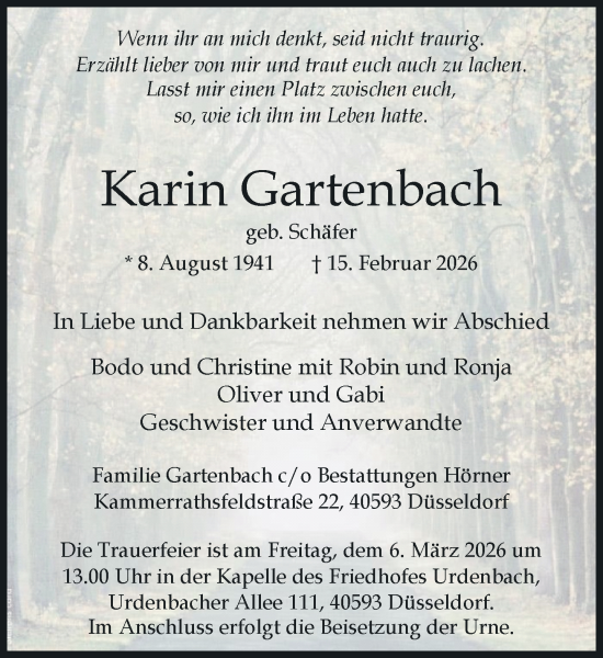 Traueranzeige von Karin Gartenbach von Rheinische Post