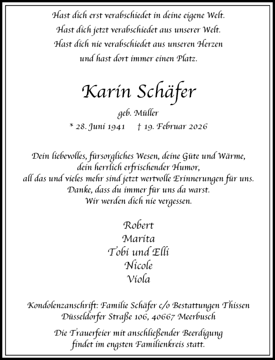 Traueranzeige von Karin Schäfer von Rheinische Post