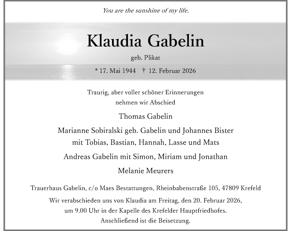  Traueranzeige für Klaudia Gabelin vom 14.02.2026 aus Rheinische Post