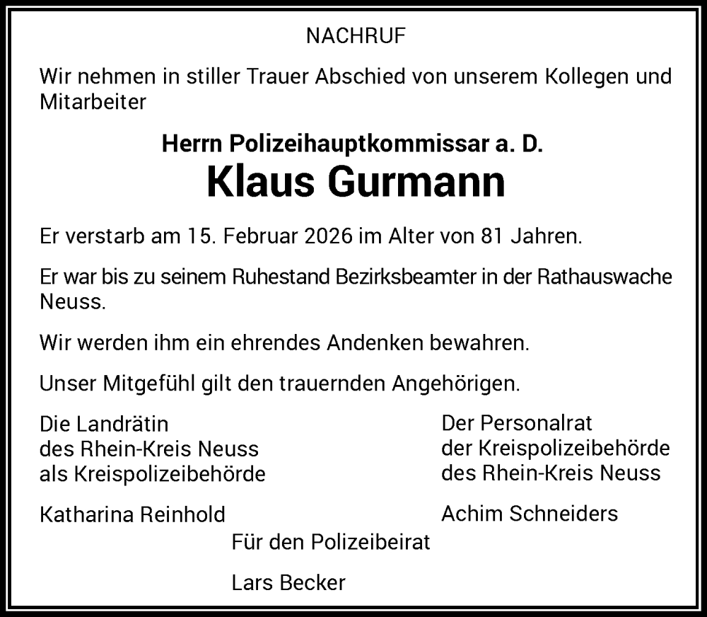  Traueranzeige für Klaus Gurmann vom 20.02.2026 aus Rheinische Post