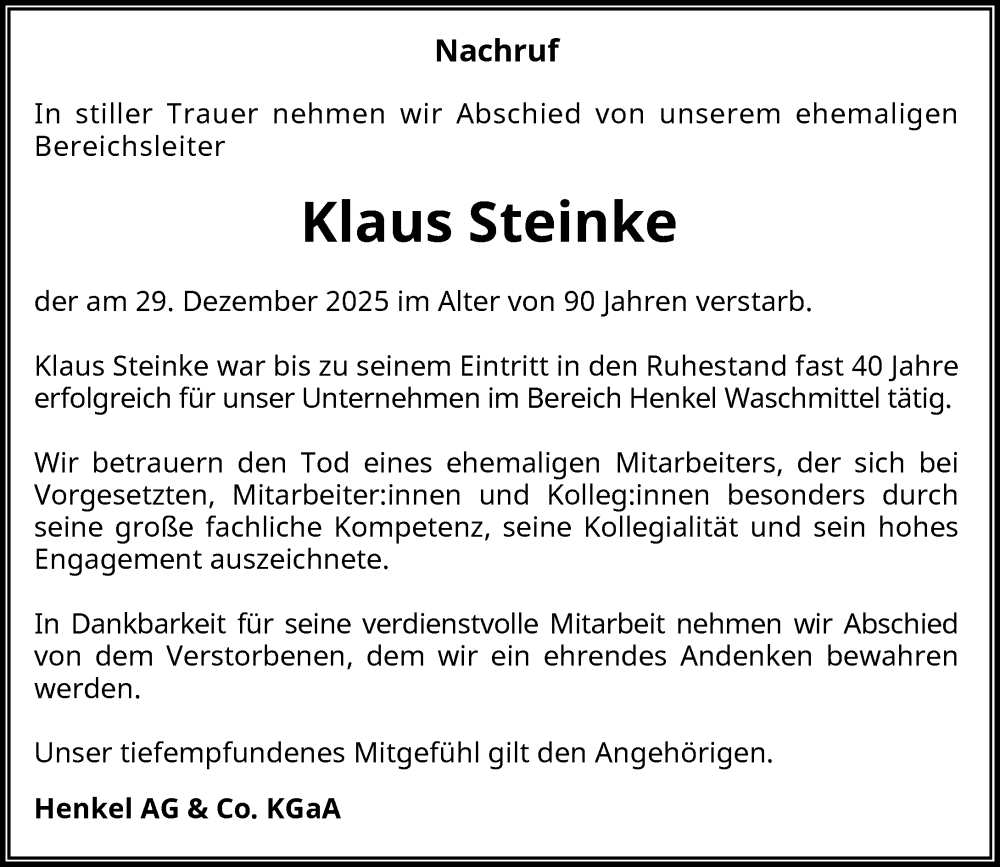  Traueranzeige für Klaus Steinke vom 07.02.2026 aus Rheinische Post