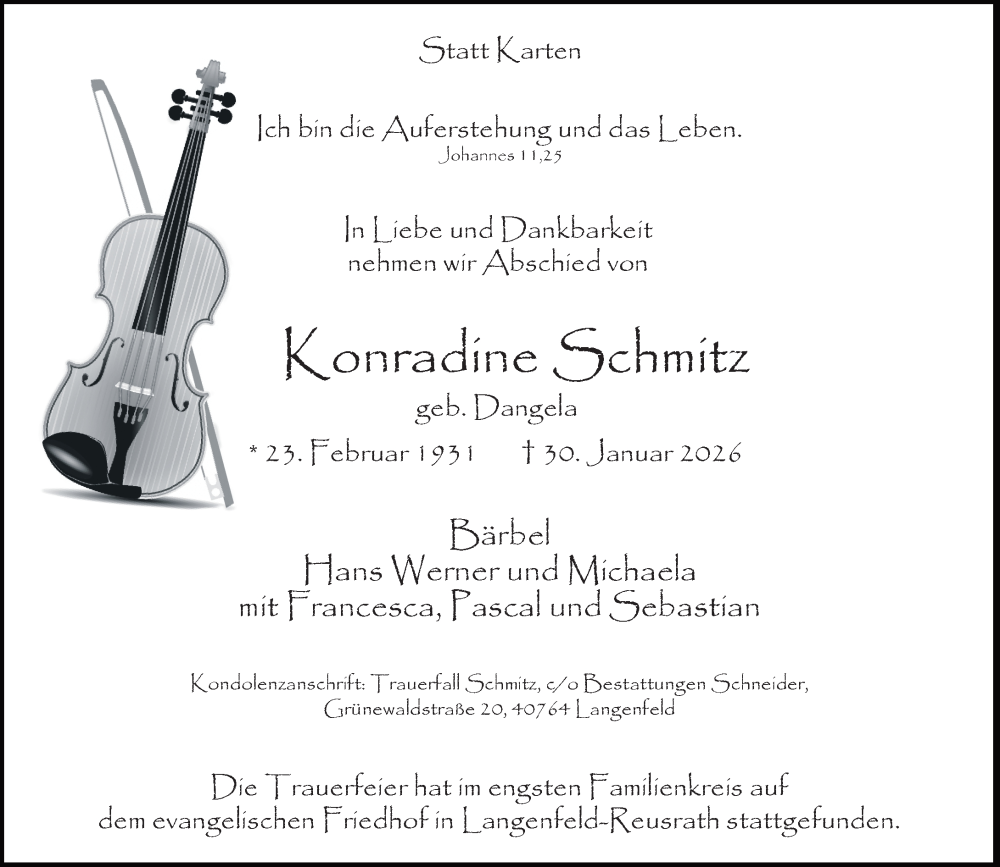  Traueranzeige für Konradine Schmitz vom 07.02.2026 aus Rheinische Post