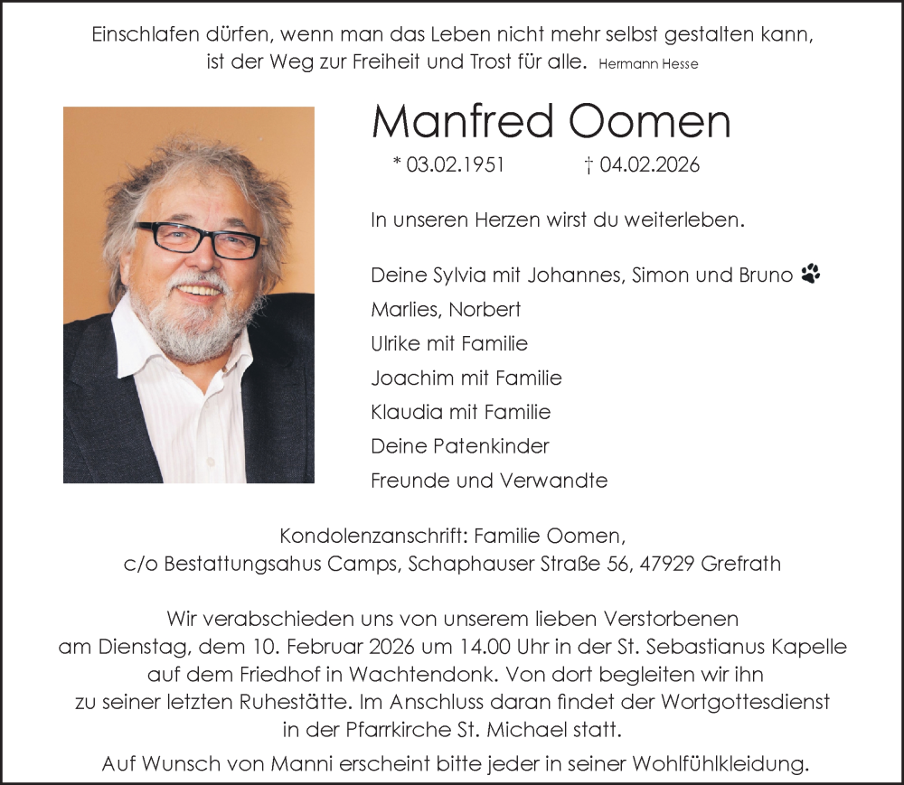  Traueranzeige für Manfred Oomen vom 07.02.2026 aus Rheinische Post