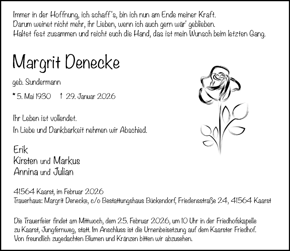  Traueranzeige für Margrit Denecke vom 21.02.2026 aus Rheinische Post