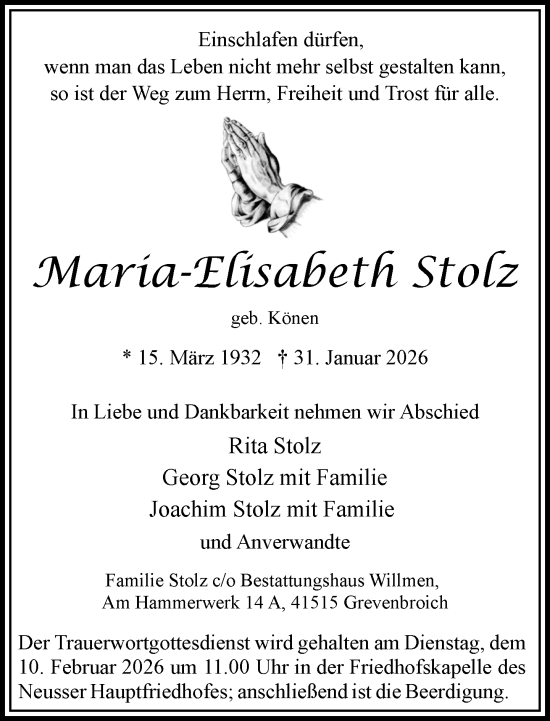Traueranzeige von Maria-Elisabeth Stolz von Rheinische Post