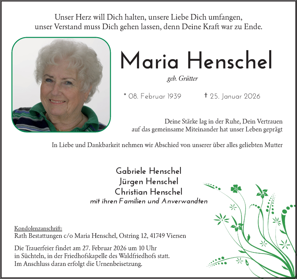  Traueranzeige für Maria Henschel vom 07.02.2026 aus Rheinische Post