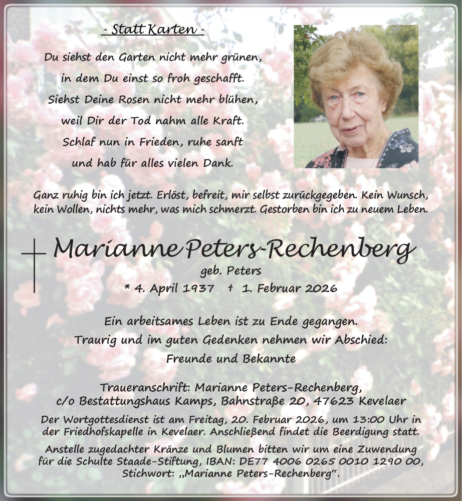  Traueranzeige für Marianne Peters-Rechenberg vom 18.02.2026 aus Rheinische Post