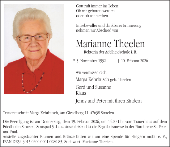 Traueranzeige von Marianne Theelen von Rheinische Post