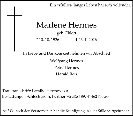 Traueranzeige von Marlene Hermes von Rheinische Post