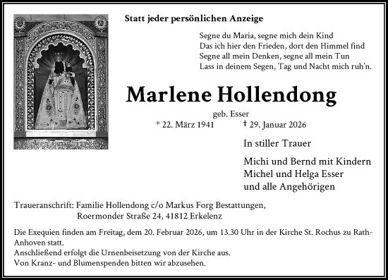 Traueranzeige von Marlene Hollendong von Rheinische Post