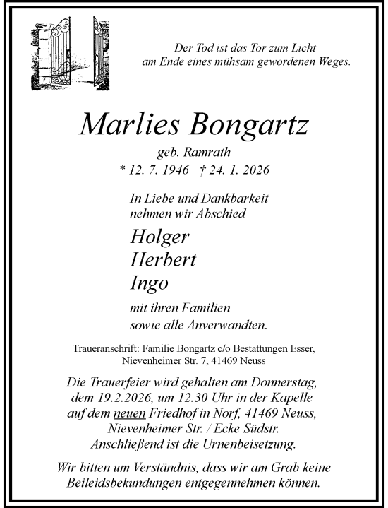 Traueranzeige von Marlies Bongartz von Rheinische Post