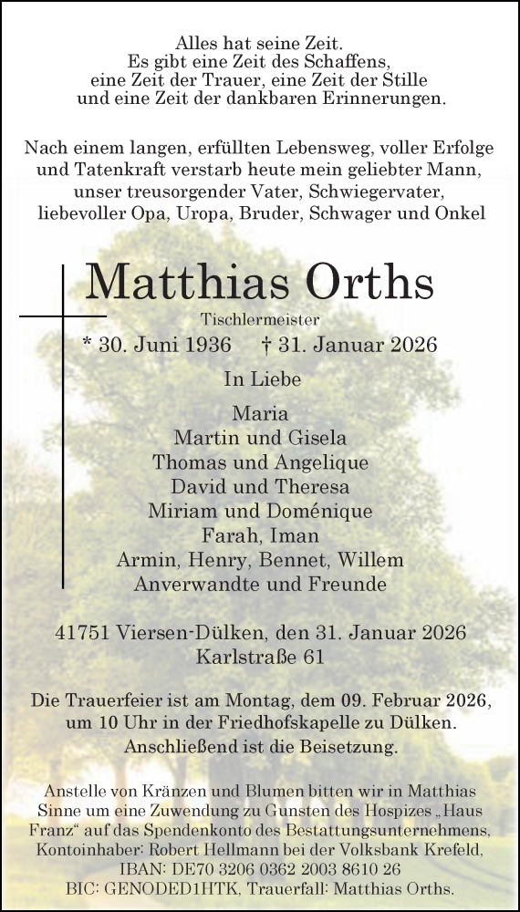  Traueranzeige für Matthias Orths vom 07.02.2026 aus Rheinische Post