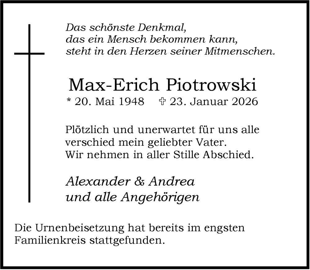  Traueranzeige für Max-Erich Piotrowski vom 14.02.2026 aus Rheinische Post