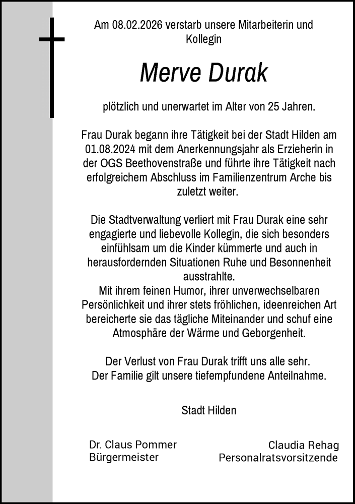  Traueranzeige für Merve Durak vom 21.02.2026 aus Rheinische Post