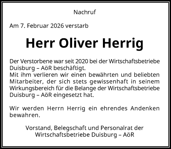 Traueranzeige von Oliver Herrig von Rheinische Post