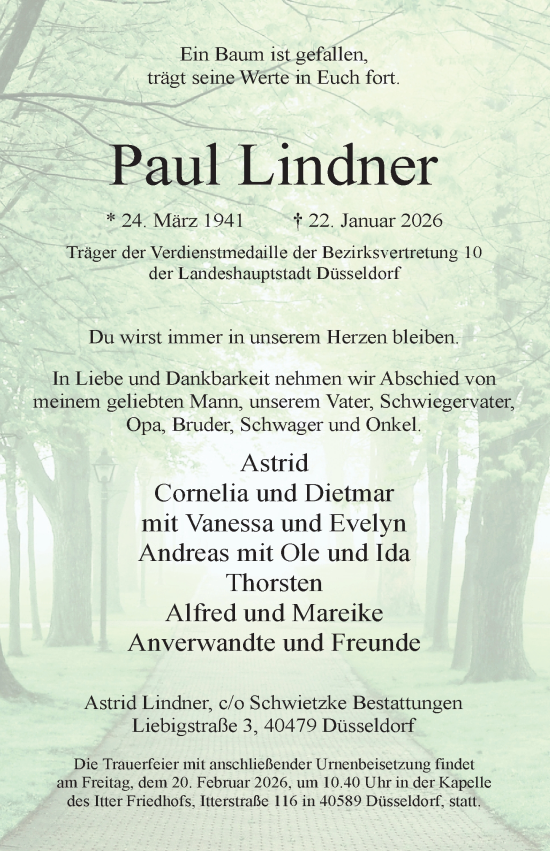 Traueranzeige von Paul Lindner von Rheinische Post