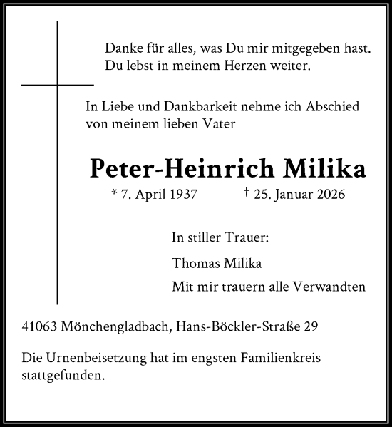 Traueranzeige von Peter-Heinrich Milika von Rheinische Post