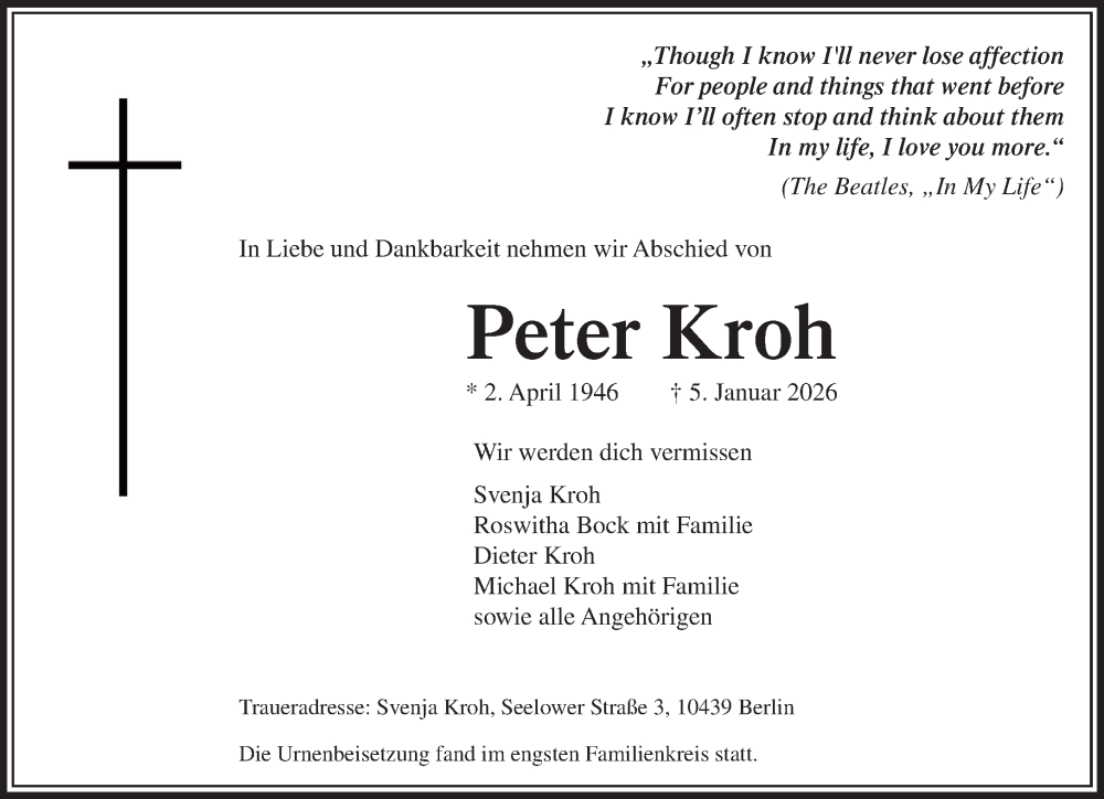  Traueranzeige für Peter Kroh vom 07.02.2026 aus Rheinische Post