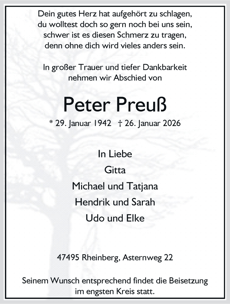  Traueranzeige für Peter Preuß vom 04.02.2026 aus Rheinische Post