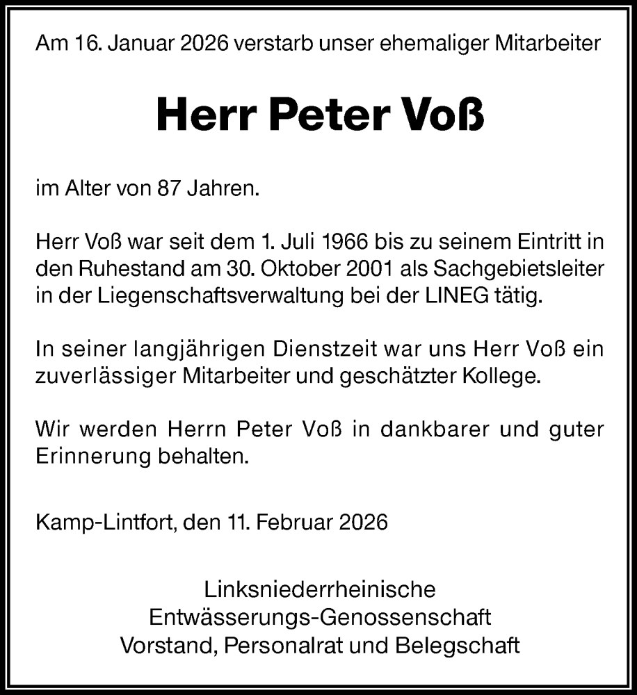  Traueranzeige für Peter Voß vom 14.02.2026 aus Rheinische Post
