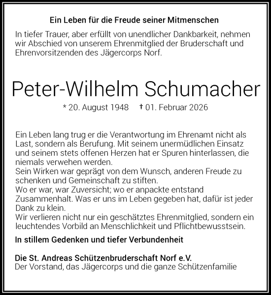 Traueranzeige von Peter-Wilhelm Schumacher von Rheinische Post