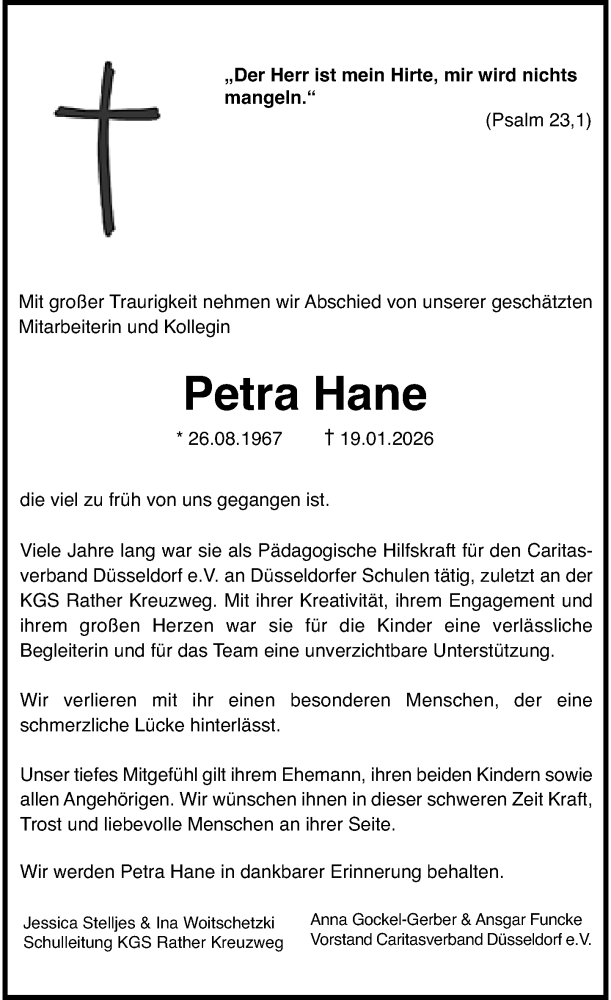  Traueranzeige für Petra Hane vom 07.02.2026 aus Rheinische Post