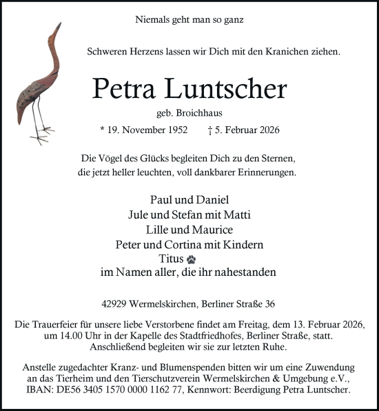Traueranzeige von Petra Luntscher von Rheinische Post