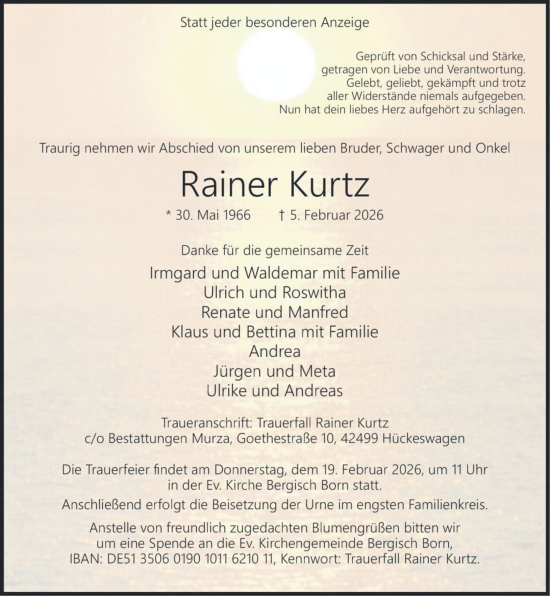 Traueranzeige von Rainer Kurtz von Rheinische Post