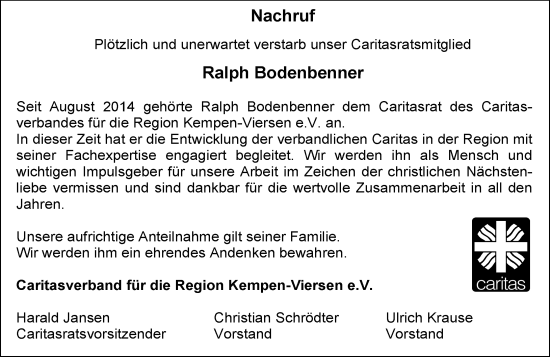 Traueranzeige von Ralph Bodenbenner von Rheinische Post