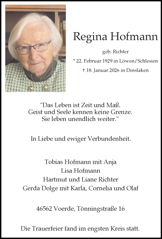 Traueranzeige von Regina Hofmann von Rheinische Post