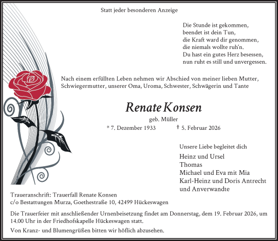 Traueranzeige von Renate Konsen von Rheinische Post