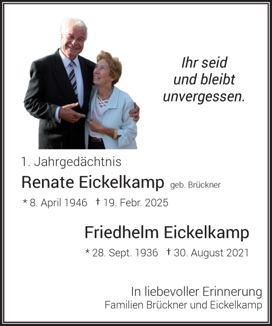 Traueranzeige von Renate und Friedhelm Eickelkamp von Rheinische Post