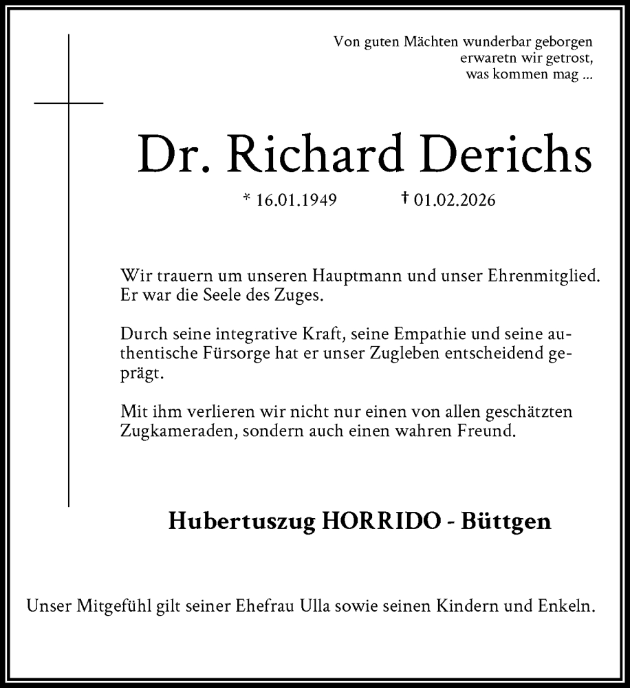  Traueranzeige für Richard Derichs vom 07.02.2026 aus Rheinische Post