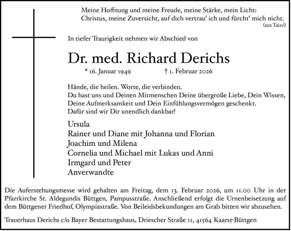  Traueranzeige für Richard Derichs vom 07.02.2026 aus Rheinische Post