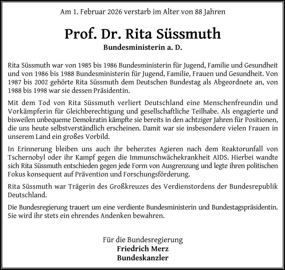  Traueranzeige für Rita Süssmuth vom 07.02.2026 aus Rheinische Post