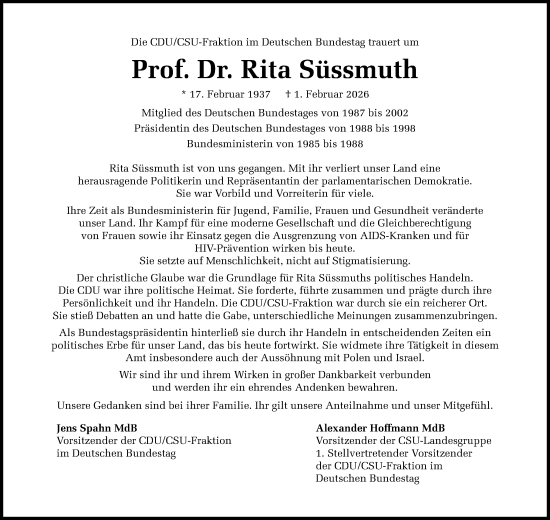 Traueranzeige von Rita Süssmuth von Rheinische Post