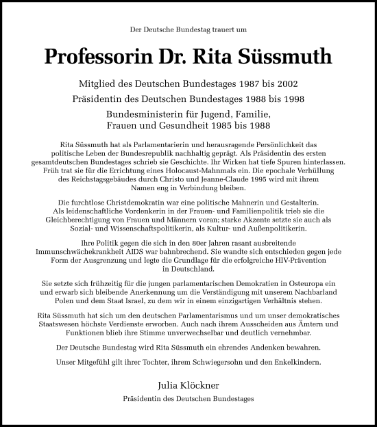 Traueranzeige von Rita Süssmuth von Rheinische Post