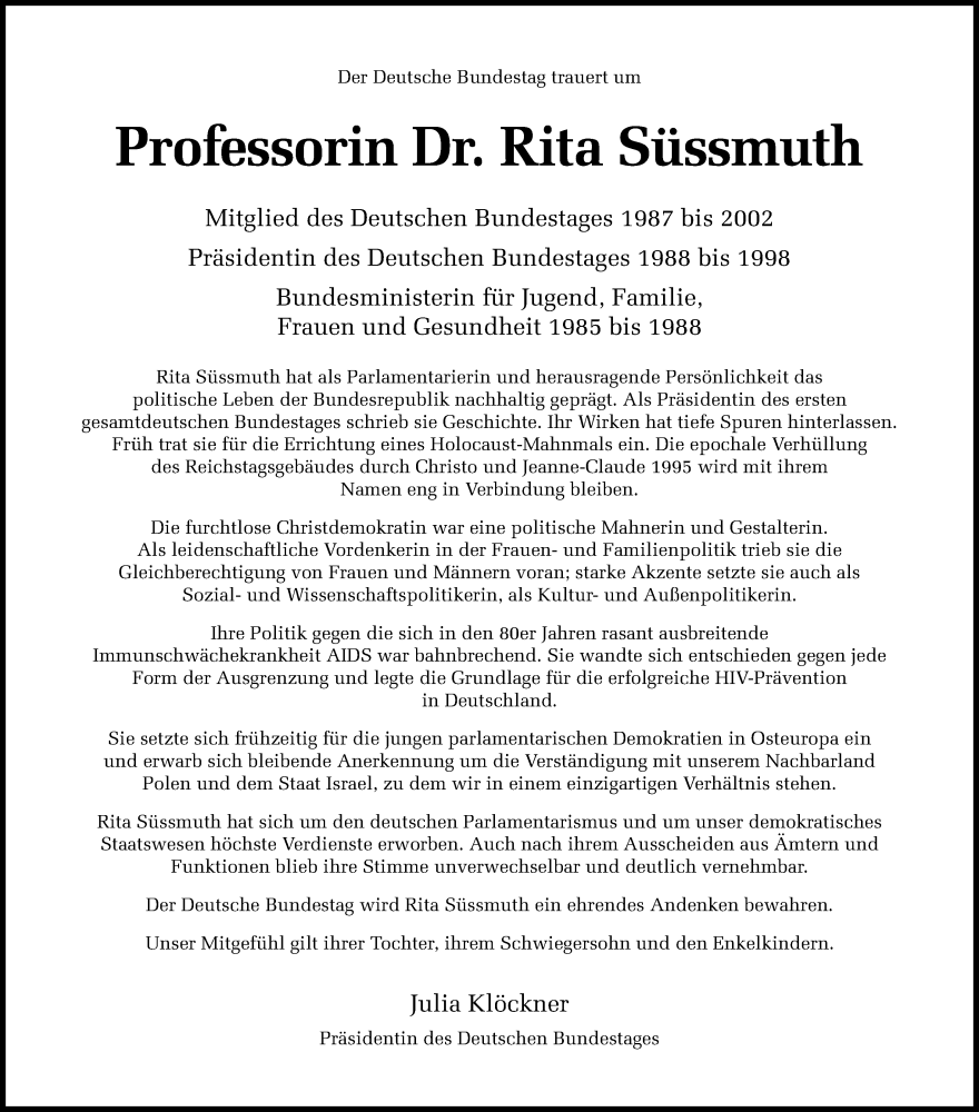  Traueranzeige für Rita Süssmuth vom 07.02.2026 aus Rheinische Post