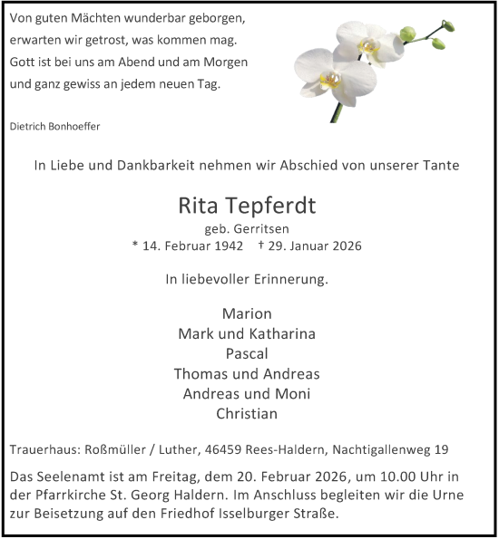 Traueranzeige von Rita Tepferdt von Rheinische Post