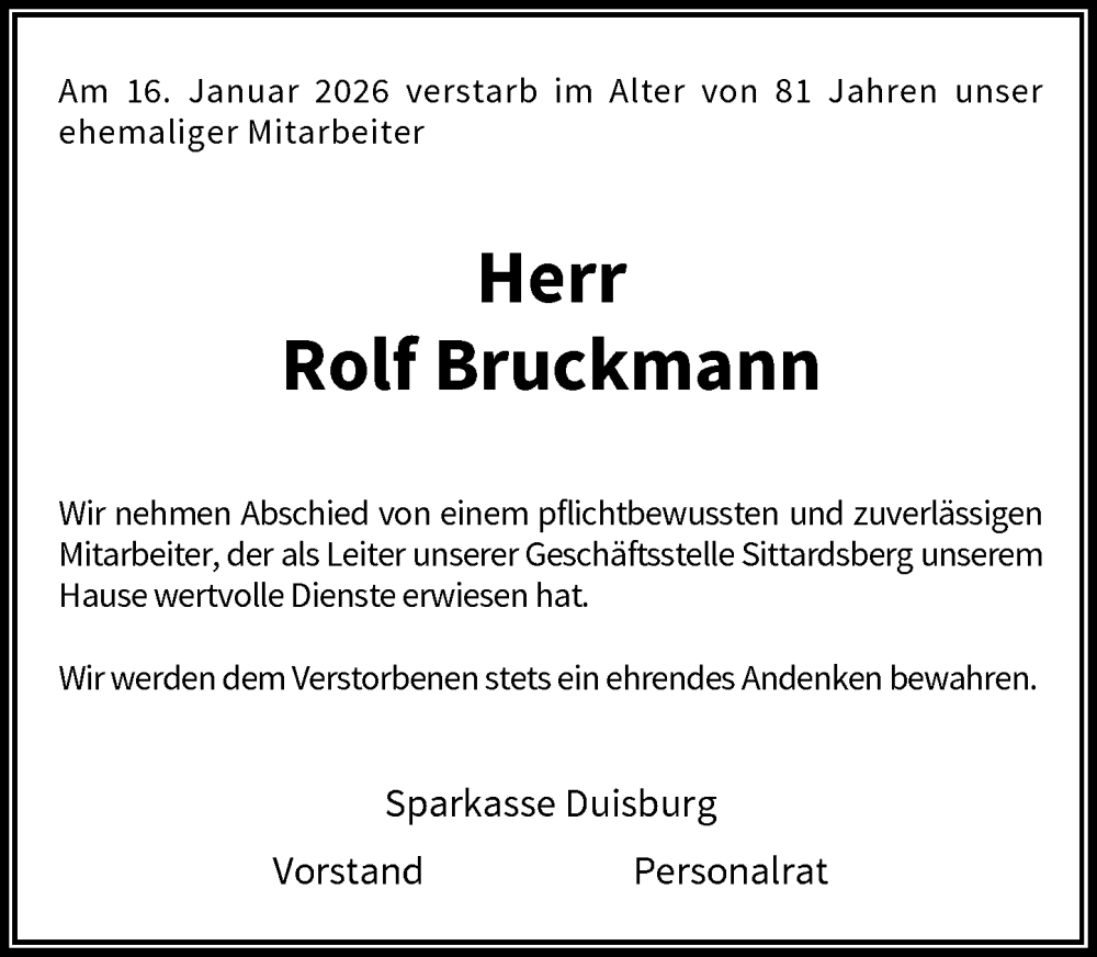  Traueranzeige für Rolf Bruckmann vom 04.02.2026 aus Rheinische Post