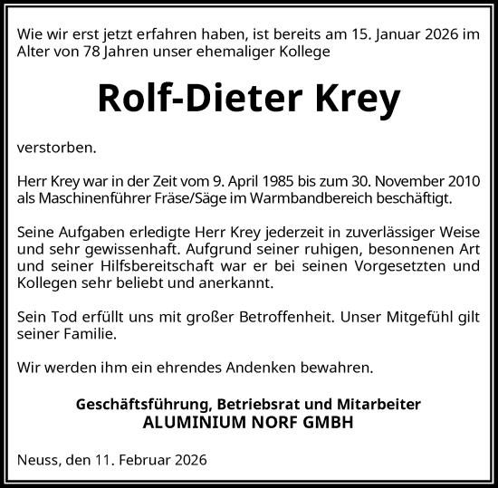 Traueranzeige von Rolf-Dieter Krey von Rheinische Post