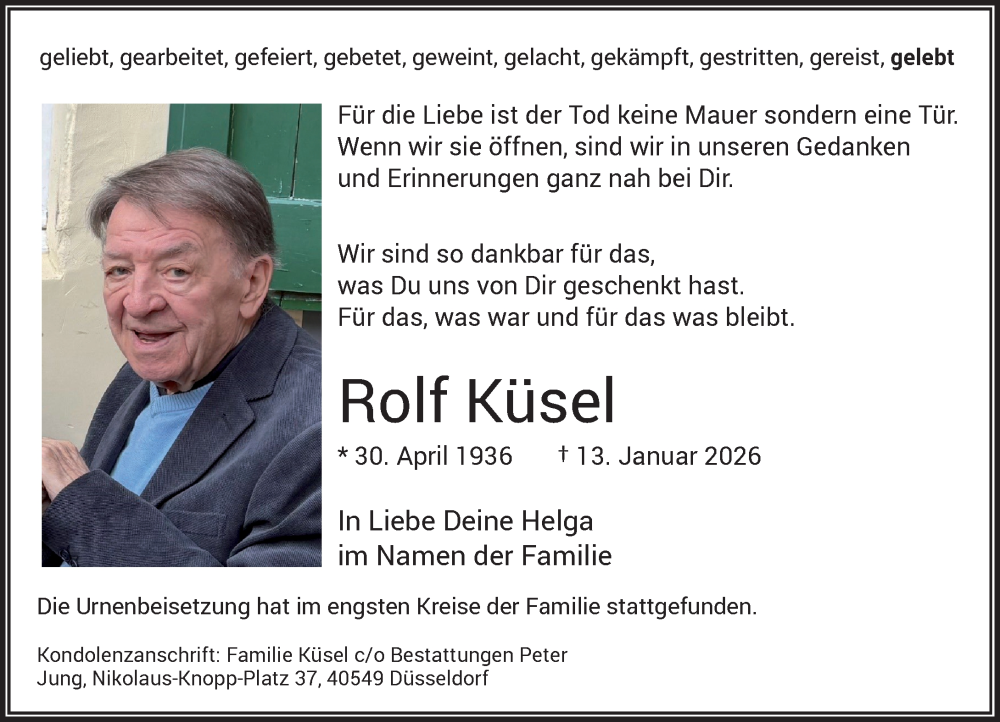 Traueranzeige für Rolf Küsel vom 07.02.2026 aus Rheinische Post